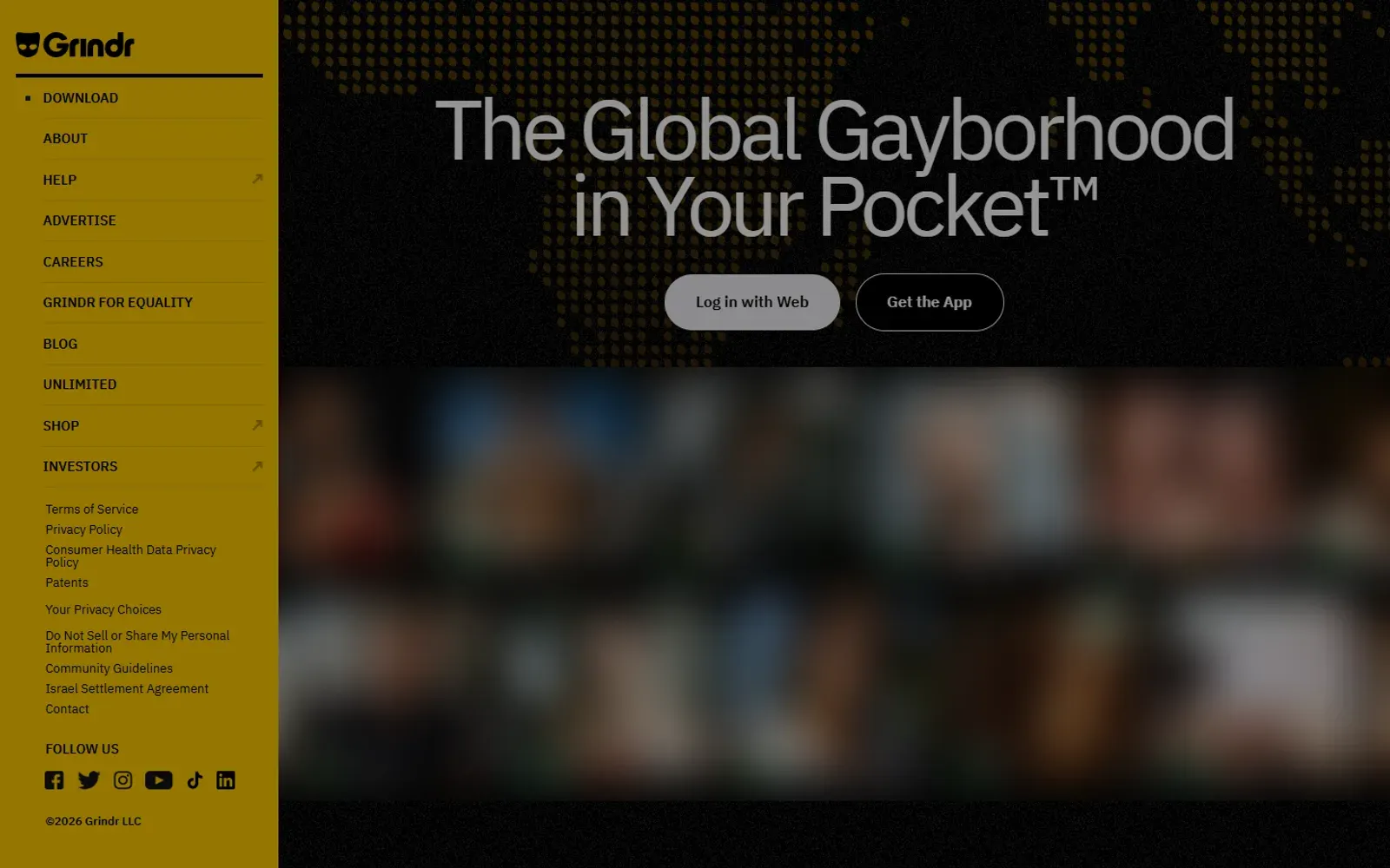 Startseite von Grindr mit dem Slogan „The Global Gayborhood in Your Pocket“