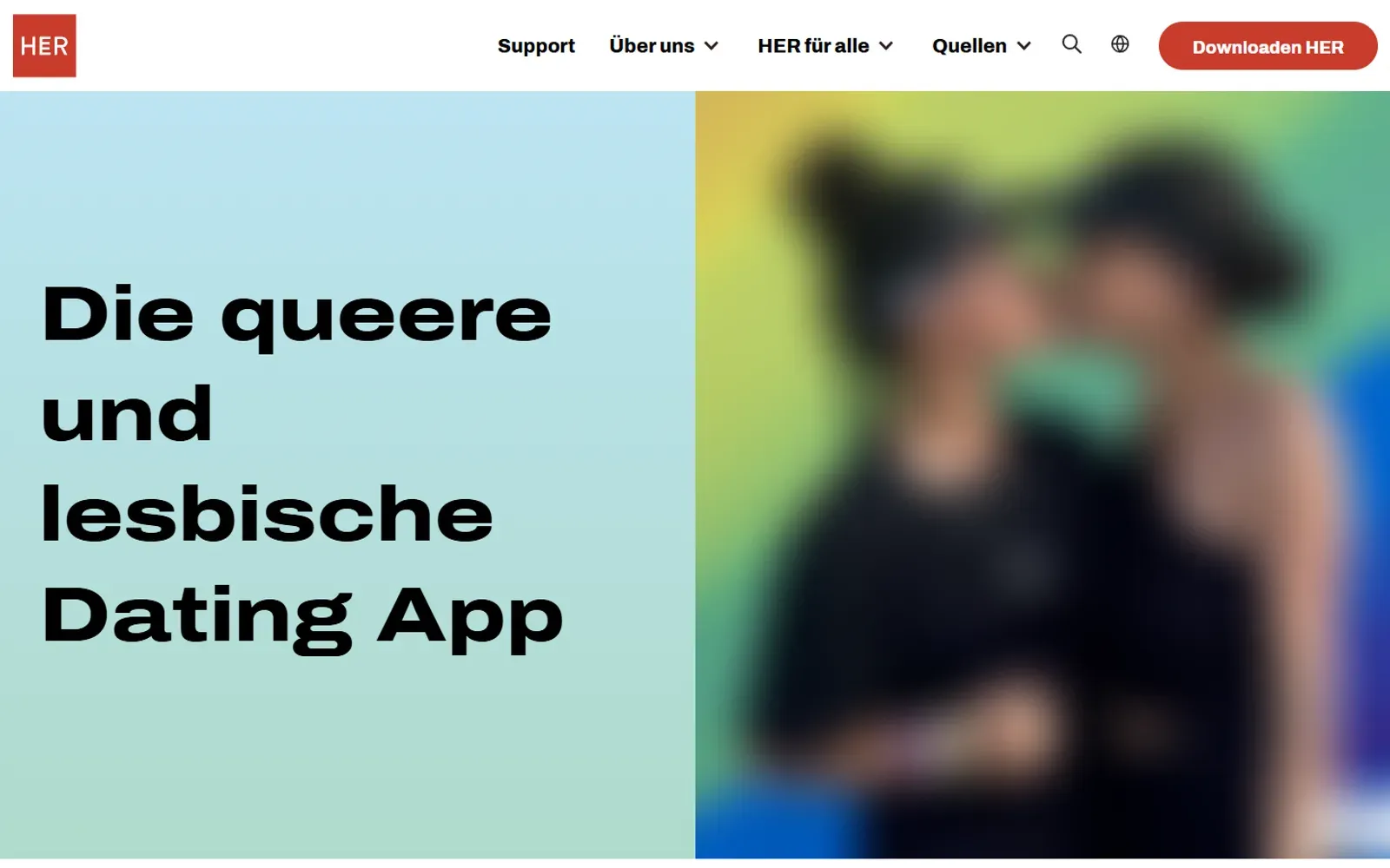 Startseite von HER mit dem Slogan „Die queere und lesbische Dating App“
