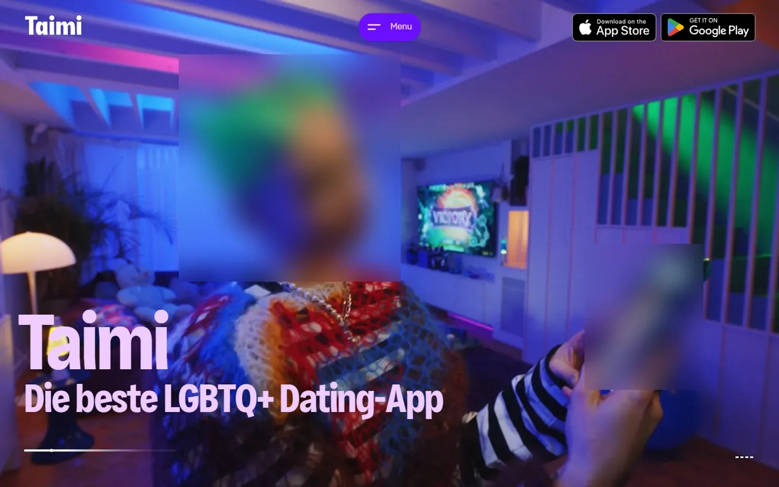 Startseite von Taimi mit dem Slogan „Die beste LGBTQ+ Dating-App“